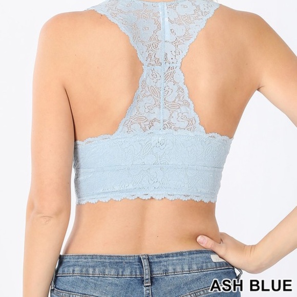 Plus Ash Blue Bralette Hourglass Back Lace w.Pads - Picture 2 of 4